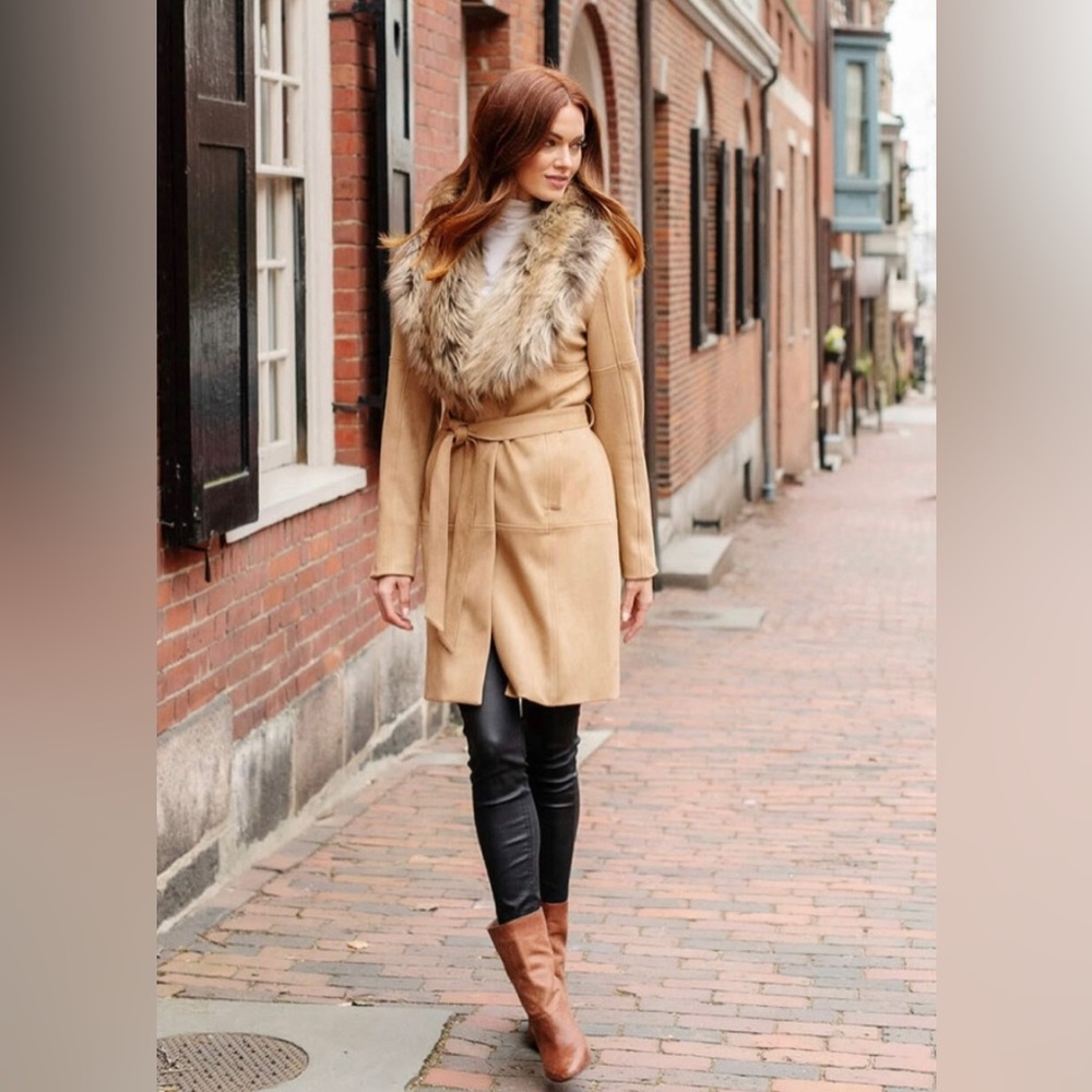 Camel coat fur collar waist belt